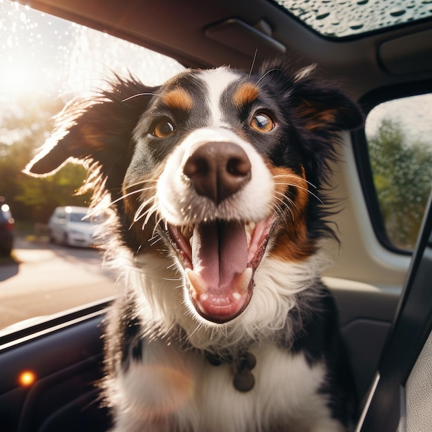 Chien heureux drôle regardant par la fenêtre de la voiture Ai générative