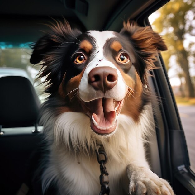 Chien heureux drôle regardant par la fenêtre de la voiture Ai générative