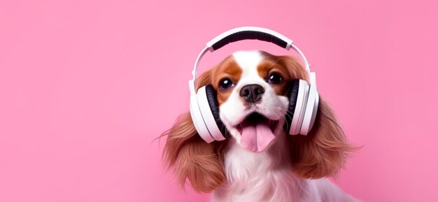 Un chien heureux avec des écouteurs sur un fond rose