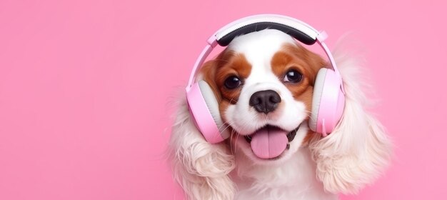 Un chien heureux avec des écouteurs sur un fond rose