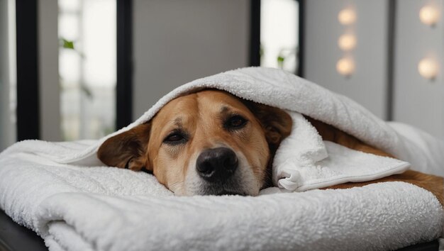 Un chien heureux et endormi se détend et profite de traitements de spa relaxants dans un salon de luxe.