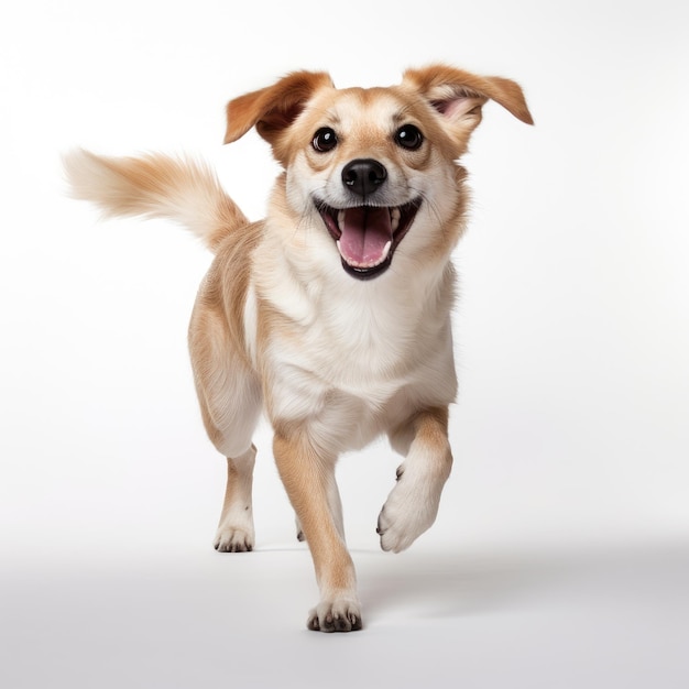 Chien heureux sur fond blanc Image générée par l'IA