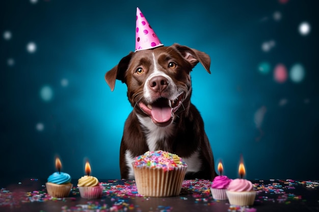 Un chien heureux en gros plan dans un chapeau d'anniversaire sur fond bleu