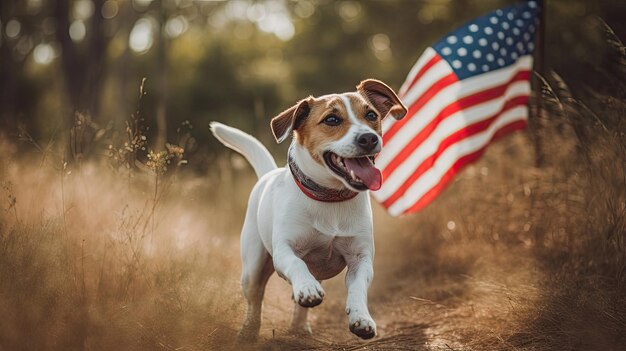 Chien heureux jouant dehors avec le drapeau américain le 4 juillet avec la technologie Generative AI