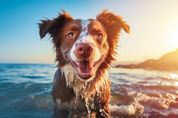 Un chien heureux joue dans la mer près du rivage au coucher du soleil.