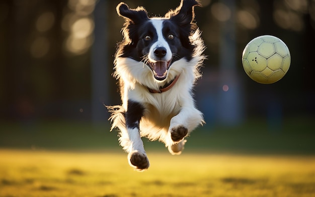 Le chien heureux paie avec la balle.