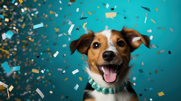 Un chien heureux portant un chapeau de fête célébrant à une fête d'anniversaire