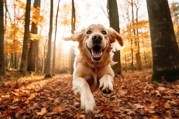 Chien heureux qui court dans la forêt d'automne AI