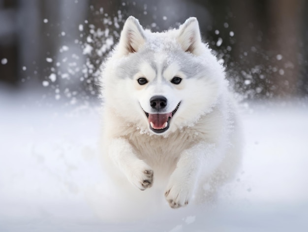 Un chien heureux qui court dans la neige.