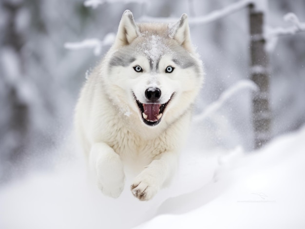 Un chien heureux qui court dans la neige.