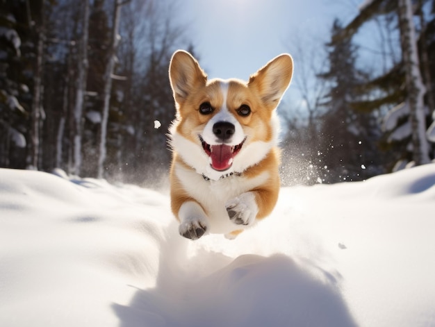 Un chien heureux qui court dans la neige.