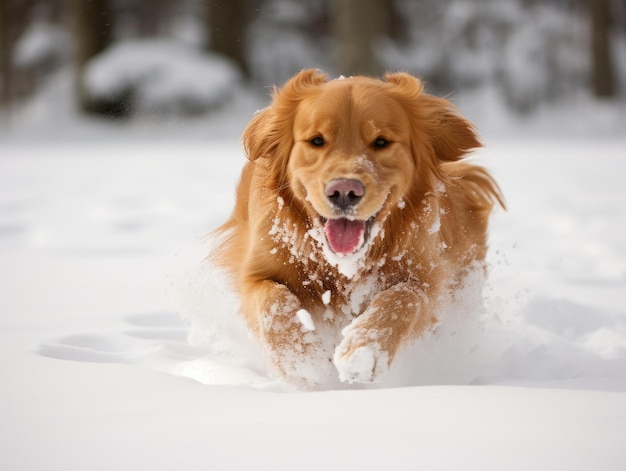 Un chien heureux qui court dans la neige.