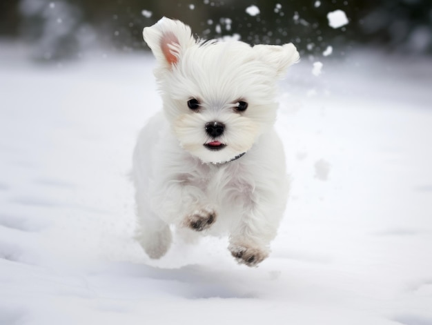 Un chien heureux qui court dans la neige.