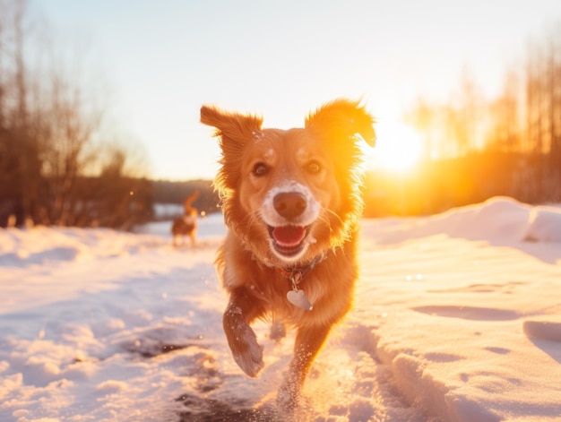 Un chien heureux qui court dans la neige.