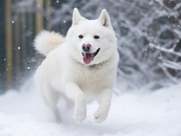 Un chien heureux qui court dans la neige.