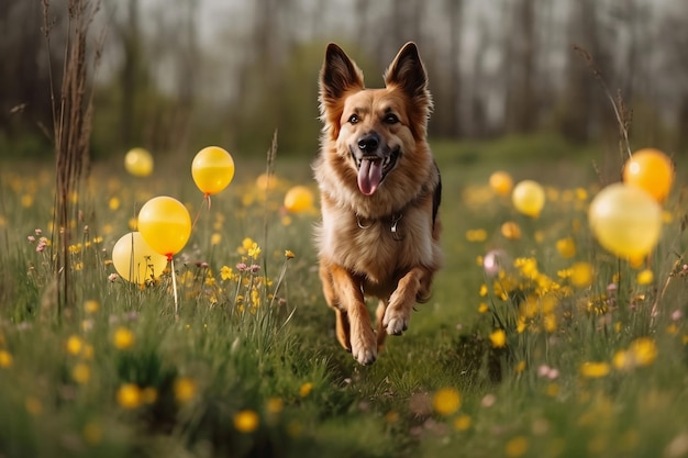 Chien heureux qui court dans le pré de pissenlit avec des ballons