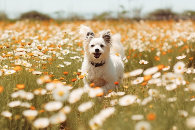 Chien heureux qui traverse un champ de fleurs AI générative