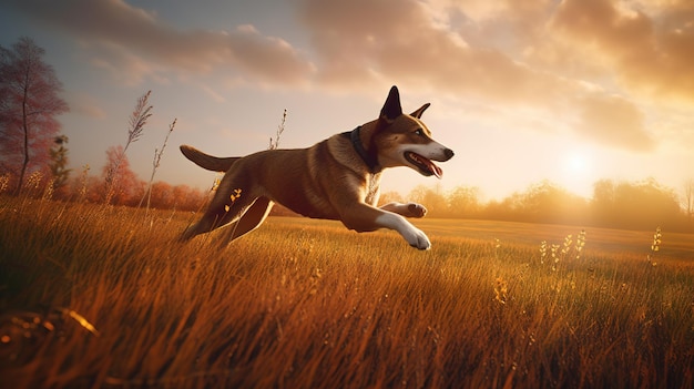Un chien heureux sautant de joie à travers le champ ensoleillé AI générative