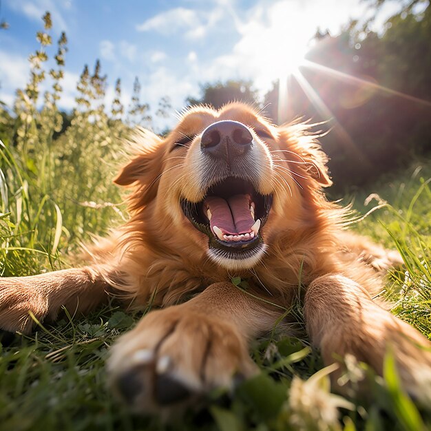 Photo un chien heureux se roulant dans l'herbe