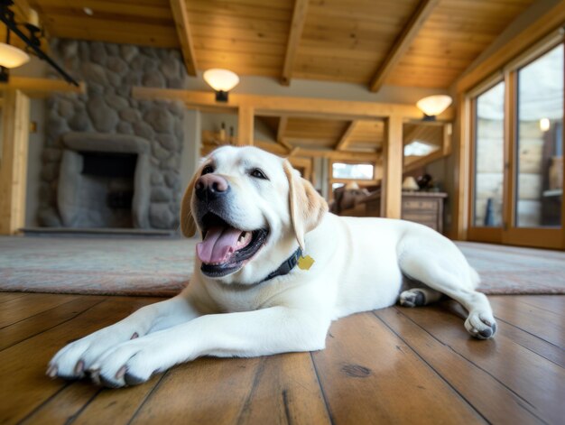 Photo un chien heureux sur le sol du salon.