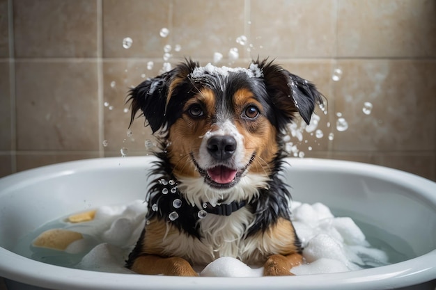 Un chien heureux en train de prendre un bain