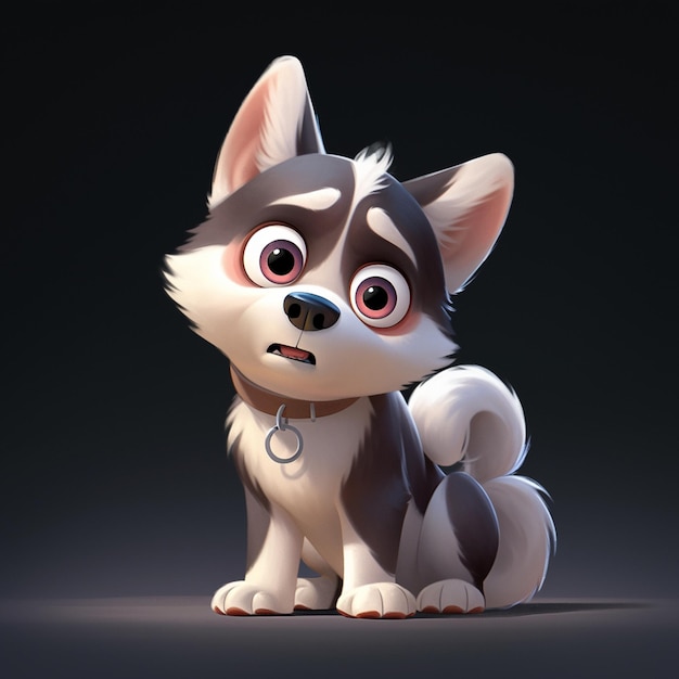 chien husky de dessin animé avec de grands yeux et un collier assis sur une surface sombre ai générative