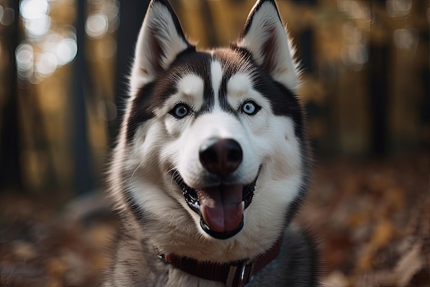 Chien husky majestueux aux yeux bleus perçants de près créé avec la technologie Generative AI