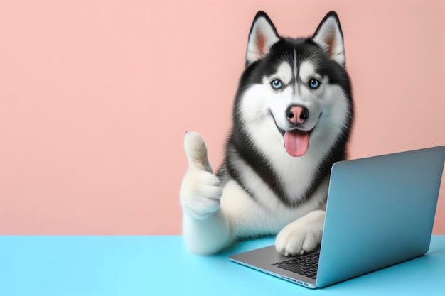 chien husky avec un ordinateur portable montrant les pouces sur un fond de couleur