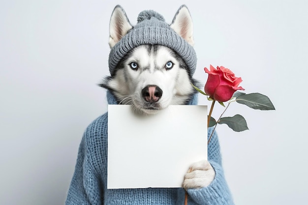 Photo chien husky avec un panneau