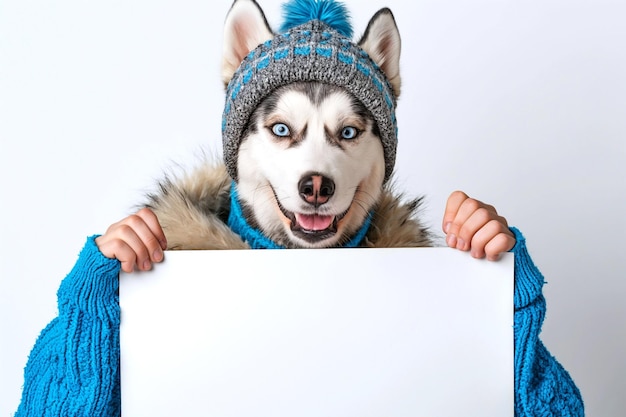 Photo chien husky avec un panneau