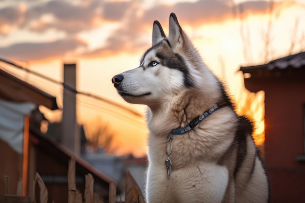 Chien husky sibérien de race mixte veillant sur sa maison