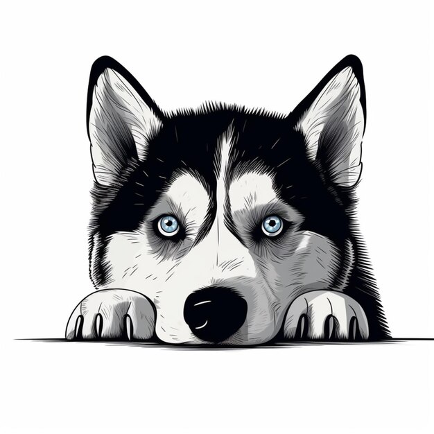 un chien husky à yeux bleus regardant au-dessus d'une surface blanche