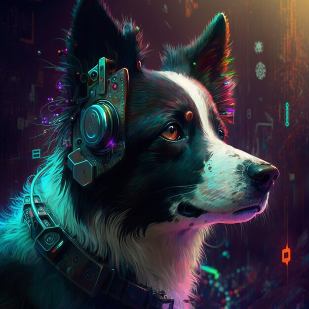 Chien avec illustration cyberpunk