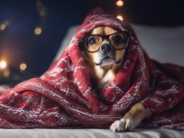 Photo un chien intelligent avec des lunettes est assis enveloppé dans une couverture chaude le soir de noël