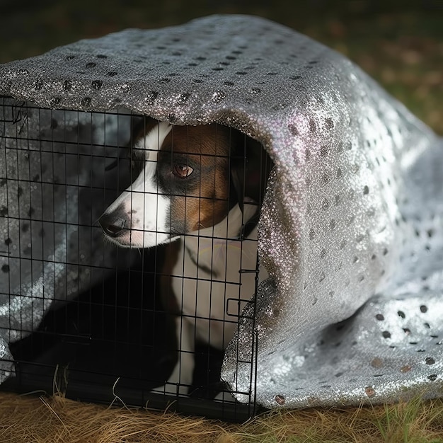 Un chien à l'intérieur d'une cage recouverte d'un tissu maillé en aluminium IA générative