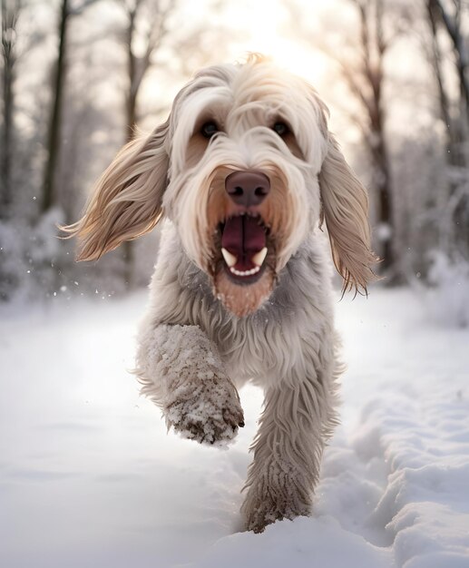 Photo un chien italien qui court dans la forêt enneigée