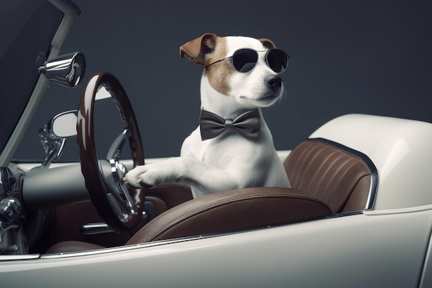 Photo chien jack russell dans des verres au volant d'une voiture classique concept de mode animaux drôles ai générative