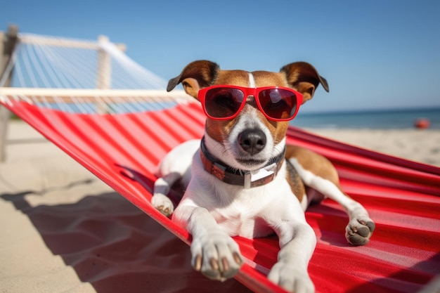 Chien Jack Russell portant des lunettes de soleil profitant de vacances à la plage au sommet d'un hamac Ai générative