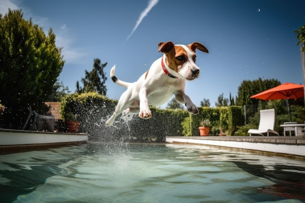 Chien Jack Russell sautant dans l'eau IA générative