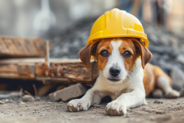 Un chien Jack Russell Terrier dans un casque de bâtisseur