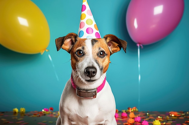 Un chien Jack Russell terrier génératif avec un chapeau de fête