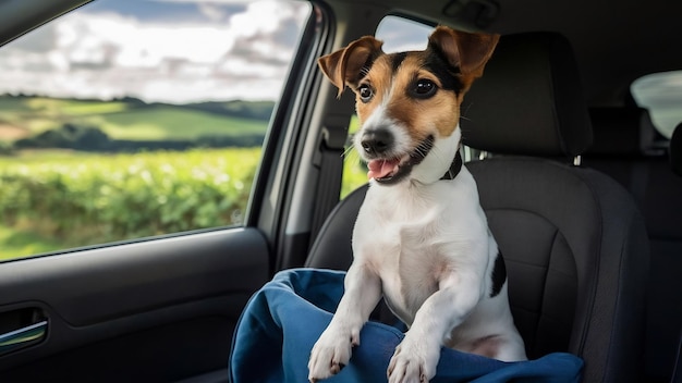 Un chien Jack Russell Terrier qui regarde hors du siège de voiture