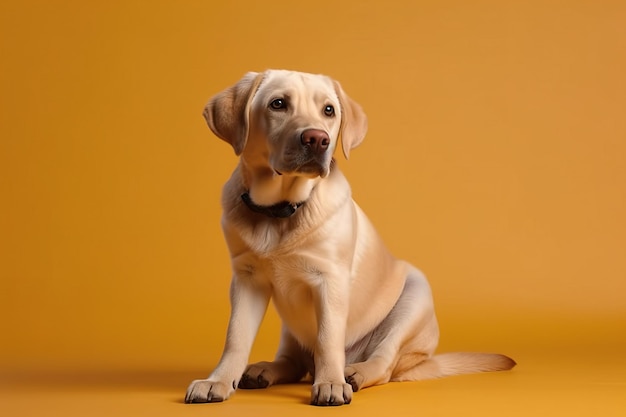 Un chien jaune est assis sur un fond jaune avec le mot chien dessus.