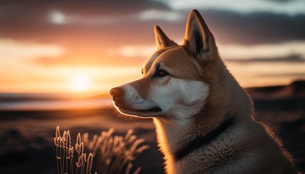 Un chien jindo regardant le coucher du soleil Réaliste