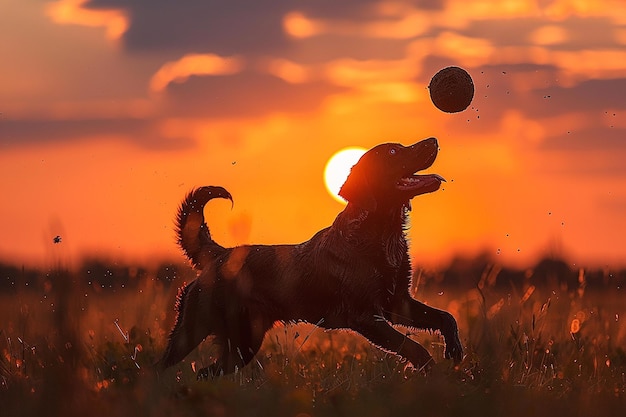 chien jouant avec la balle au coucher du soleil