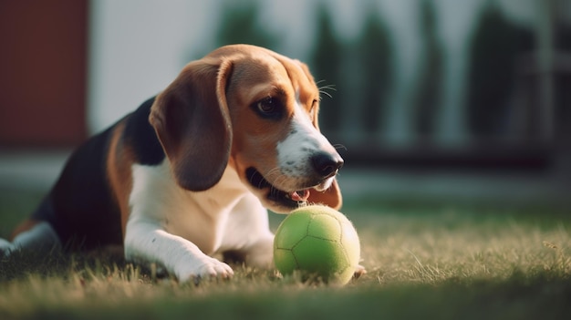 Un chien jouant avec une balle dans l'herbe