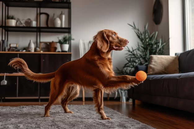 Un chien jouant à chercher avec sa balle préférée dans le salon créé avec une IA générative