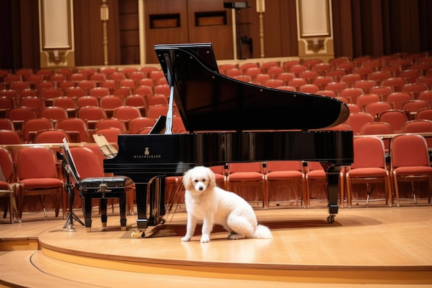 Chien jouant du violon et chat jouant du piano dans une grande salle de concert créée avec l'IA générative