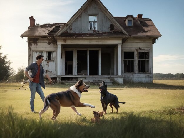 chien jouant avec une famille humaine