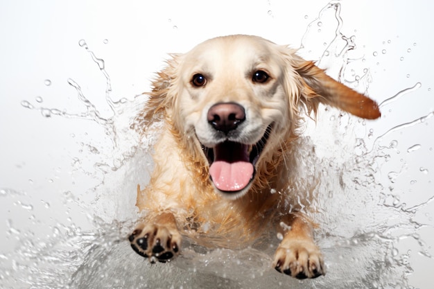 un chien joue dans l'eau avec la langue sortie